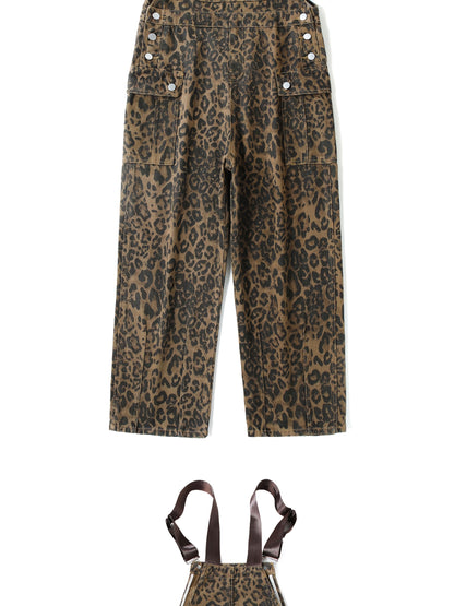 Fashion Multi-pocket Leopard Print Loose Denim Jumpsuit, Retro Old Trend Straight Wide-leg Pants Suitable for All Seasons.