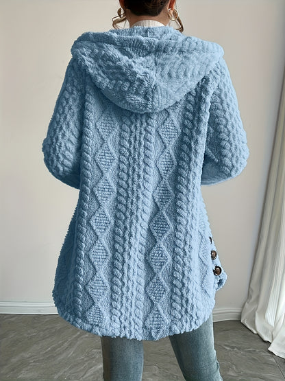 Hooded Fuzzy Coat Mid-Length Jacket with Buttons Soft Warm Winter Fall Outfits 5 Colors
