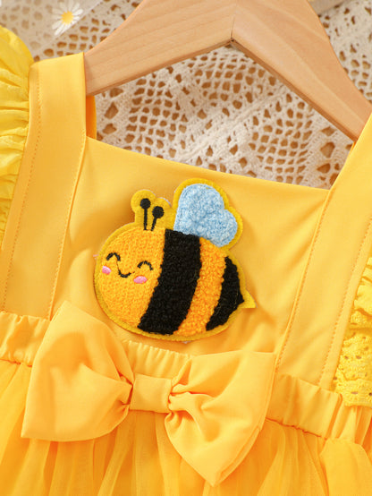 Baby Girl Summer Yellow Bee Jumpsuit Set: Sleeveless Patchwork Chiffon Jumpsuit And Matching Sun Hat, Suitable for Outdoor Outings (0-18 Months)