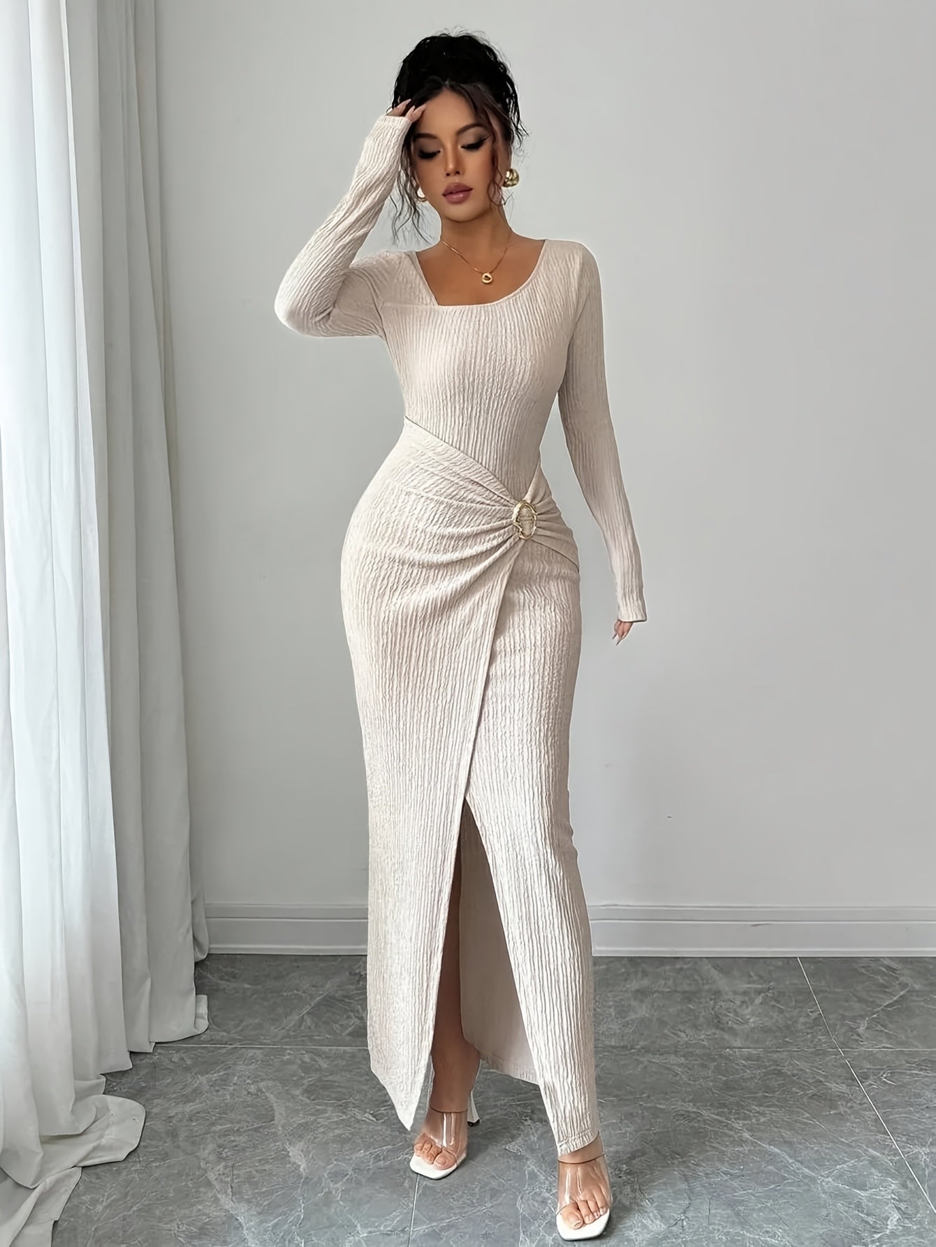 Women'S Solid Color Twisted Split Maxi Dress Asymmetrical Neck Slim Bodycon Fall Winter Elegant Fashion Dress