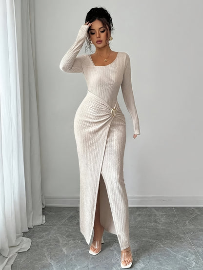 Women'S Solid Color Twisted Split Maxi Dress Asymmetrical Neck Slim Bodycon Fall Winter Elegant Fashion Dress