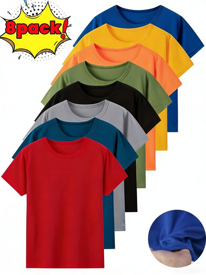 8pcs Kids Quick-Dry Mesh T-Shirts for 4-16 Years, Boys Girls Summer Breathable Short Sleeve Crew Neck Athletic Tops for Outdoor Running & Casual Wear