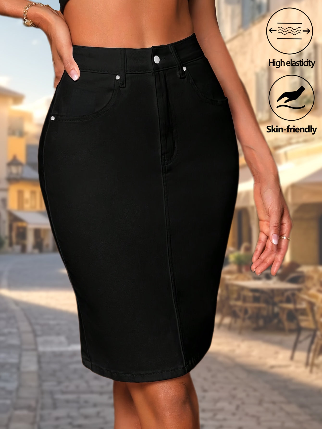 Women'S Stretch Denim Skirt - Bodycon High-Waisted Knee-Length with Multi-Stitch Detail And Back Slit, Elegant Casual to Dressy Versatile Style for Spring Summer Fall, Seasonal Fashion, Quality Craftsmanship, Fall Wardrobe, Fitted Construction