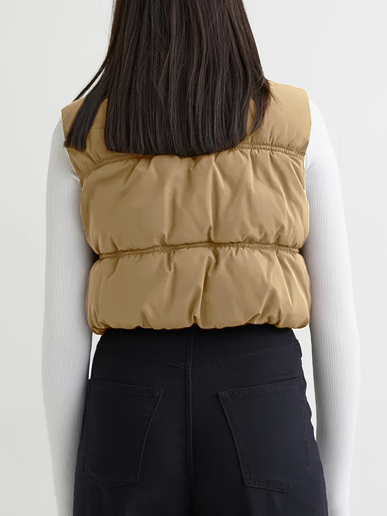 Womens Cropped Vest Zip Up Stand Collar Sleeveless Padded Cropped Vest