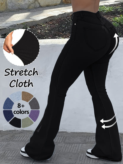 GILIPUR MH1025 Light Blue Retro High-Waist Stretch Straight Leg Women's Pants, Street Style Solid Color Long Pants with Pockets, All-Season Comfortable Stretch Fabric, Machine Washable