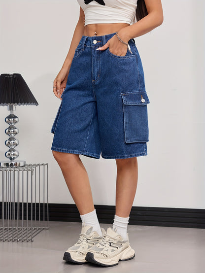Women'S Casual Denim Cargo Shorts with Flap Pockets - High-Waist, Non-Stretch, Solid Color, Machine Washable, Rayon Blend, Perfect for Spring/Fall