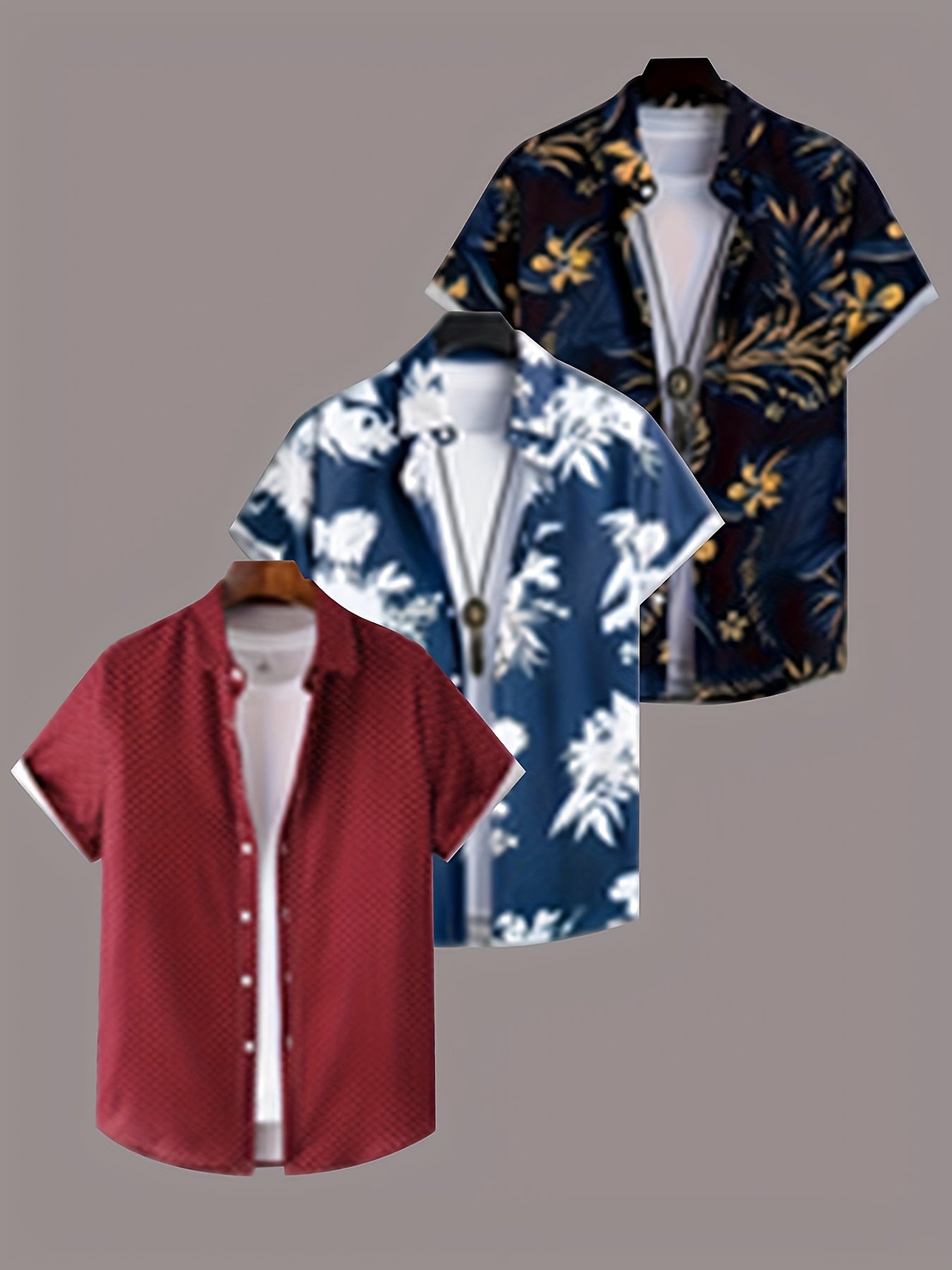 3pcs Men's Tropical Floral & Palm Tree Print Short Sleeve Shirts - Casual, Comfortable Summer Button-Up Dress Shirts in Black, White, & Beige - Perfect Gift for Him