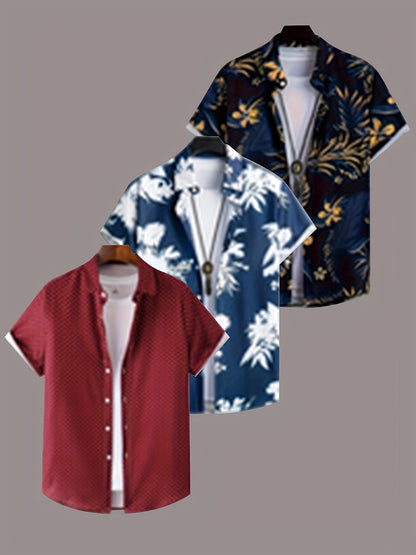 3pcs Men's Tropical Floral & Palm Tree Print Short Sleeve Shirts - Casual, Comfortable Summer Button-Up Dress Shirts in Black, White, & Beige - Perfect Gift for Him