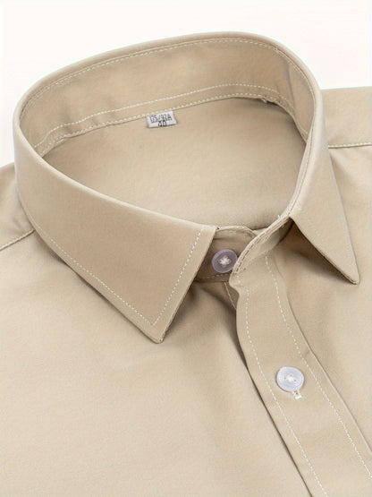 Men'S Long Sleeve Solid Color Business Dress Shirt, Elegant Collar, Stretch Fabric, Regular Fit, Single Button Front, Casual Outwear, Adult Sizes, Woven