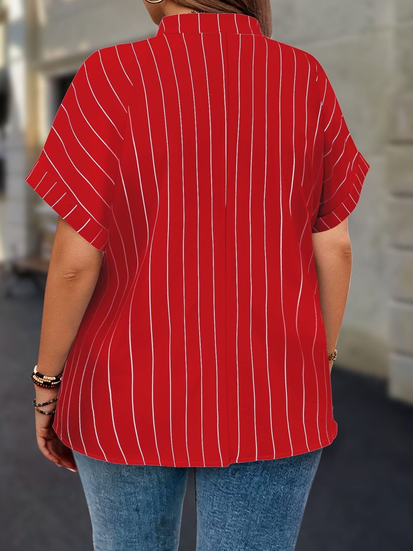 Plus Size, Striped Notch V-Neck Shirt with Faux Buttons Short Sleeve Simple and Plus-Size for Women Casual Top