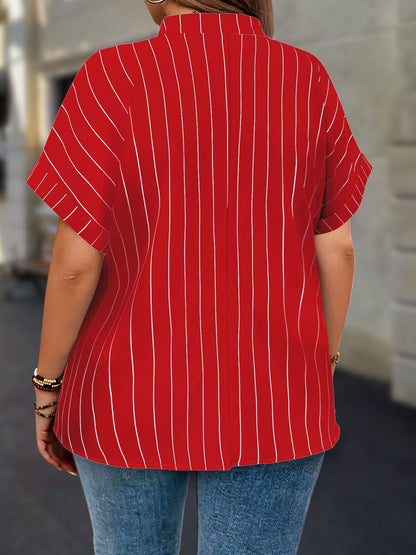 Plus Size, Striped Notch V-Neck Shirt with Faux Buttons Short Sleeve Simple and Plus-Size for Women Casual Top