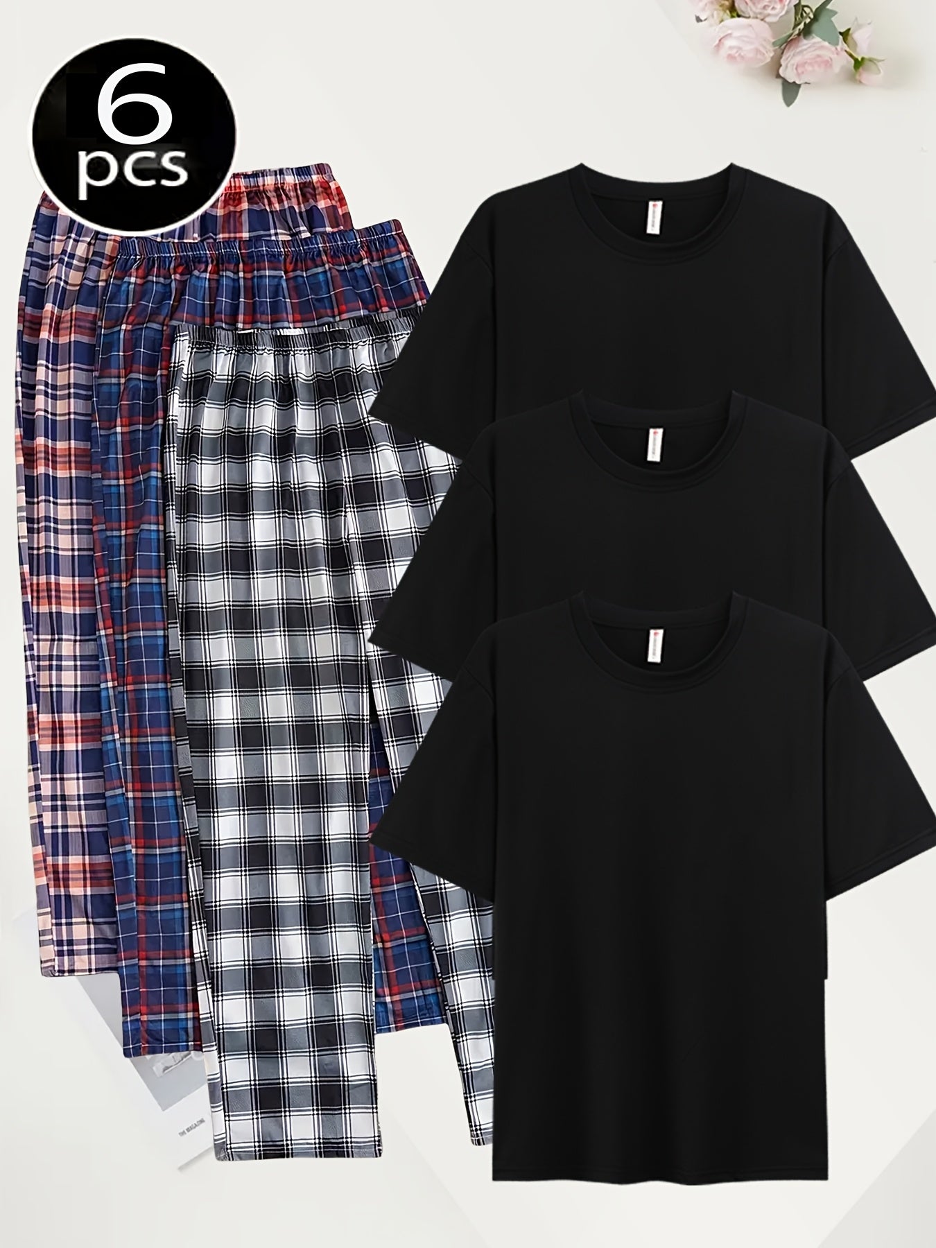 6pcs Men'S Loungewear Set 6pcs Soft And Comfortable Short Sleeve Plaid Trousers Multi Piece Loungewear Set 3 Sets Of Pajamas Short Sleeve Plaid Trousers Combo Set Elasticated Waist Can Be Worn Outside