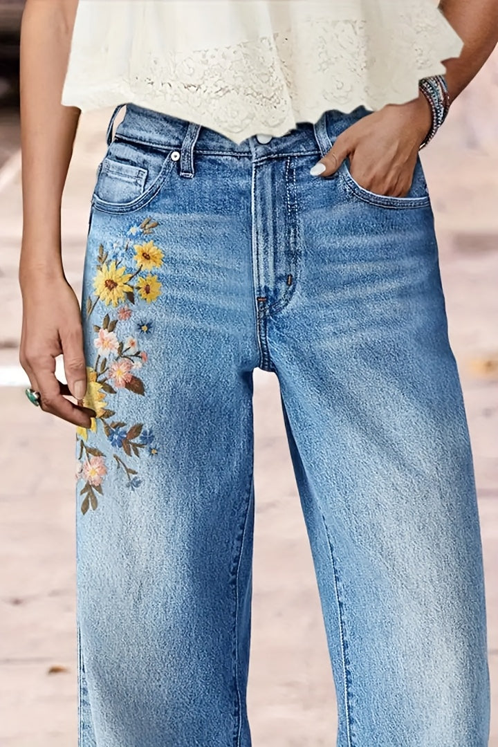 Women's High-Waisted Washed Embroidered Jeans - Straight Leg Pants with Beltless Design, Stretch & Machine Washable for All-Season Wear (Casual & Dressy)