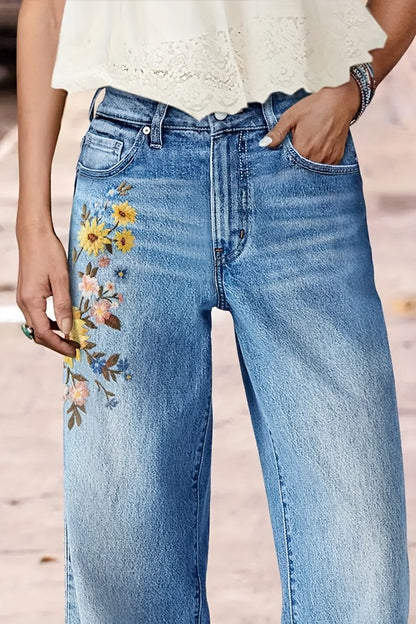 Women's High-Waisted Washed Embroidered Jeans - Straight Leg Pants with Beltless Design, Stretch & Machine Washable for All-Season Wear (Casual & Dressy)
