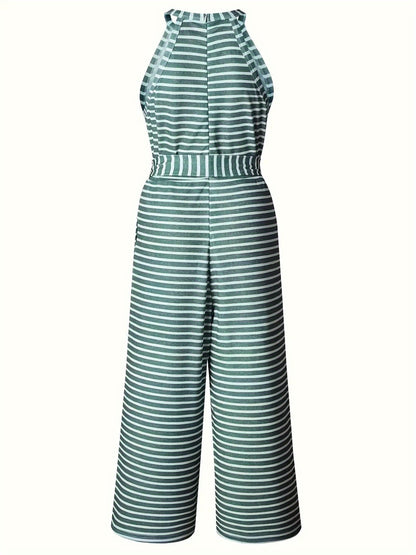 Women'S Striped Sleeveless Tank Top Jumpsuit with Belt - High-Waisted Wide-Leg Pants, Machine Washable, Summer Vacation Style, Black & White Vertical Stripes, Loose Fit for Casual Outings, Summer Outfit | Decorative Bow Belt | Comfortable Wear