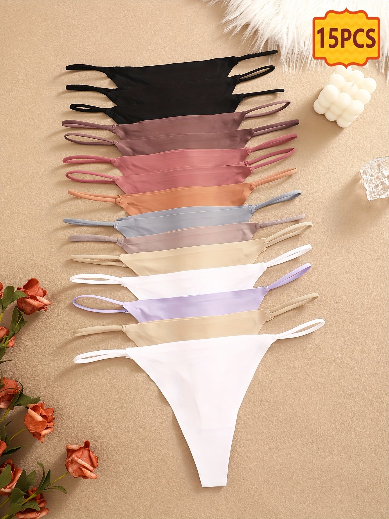 15pcs Seamless Thong Set, Sexy, Comfortable, Breathable, Skin Friendly Seamless Underwear, Suitable For Daily Commuting, Women'S Underwear And Underwear
