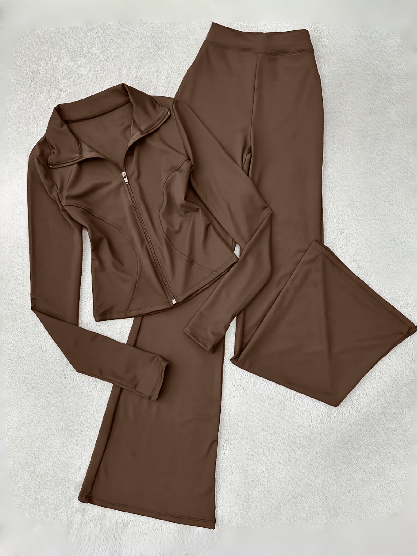 Zippered Long-sleeved Top with Flared Pants Set - Fashionable And Elegant Women's Outfit for Daily Casual Wear, And S. Available In Black, Gray And Beige Colors. Women's Tight Casual Outdoor Attire.