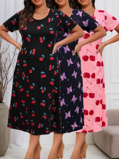 Plus Size Women'S Three-piece Short-sleeved Dress With Casual Loose Crewneck Fabric, Color-block Design, Slight Stretch, Spring, Summer, Autumn Night Nightdress Holes, Maternity Dress Nightdress
