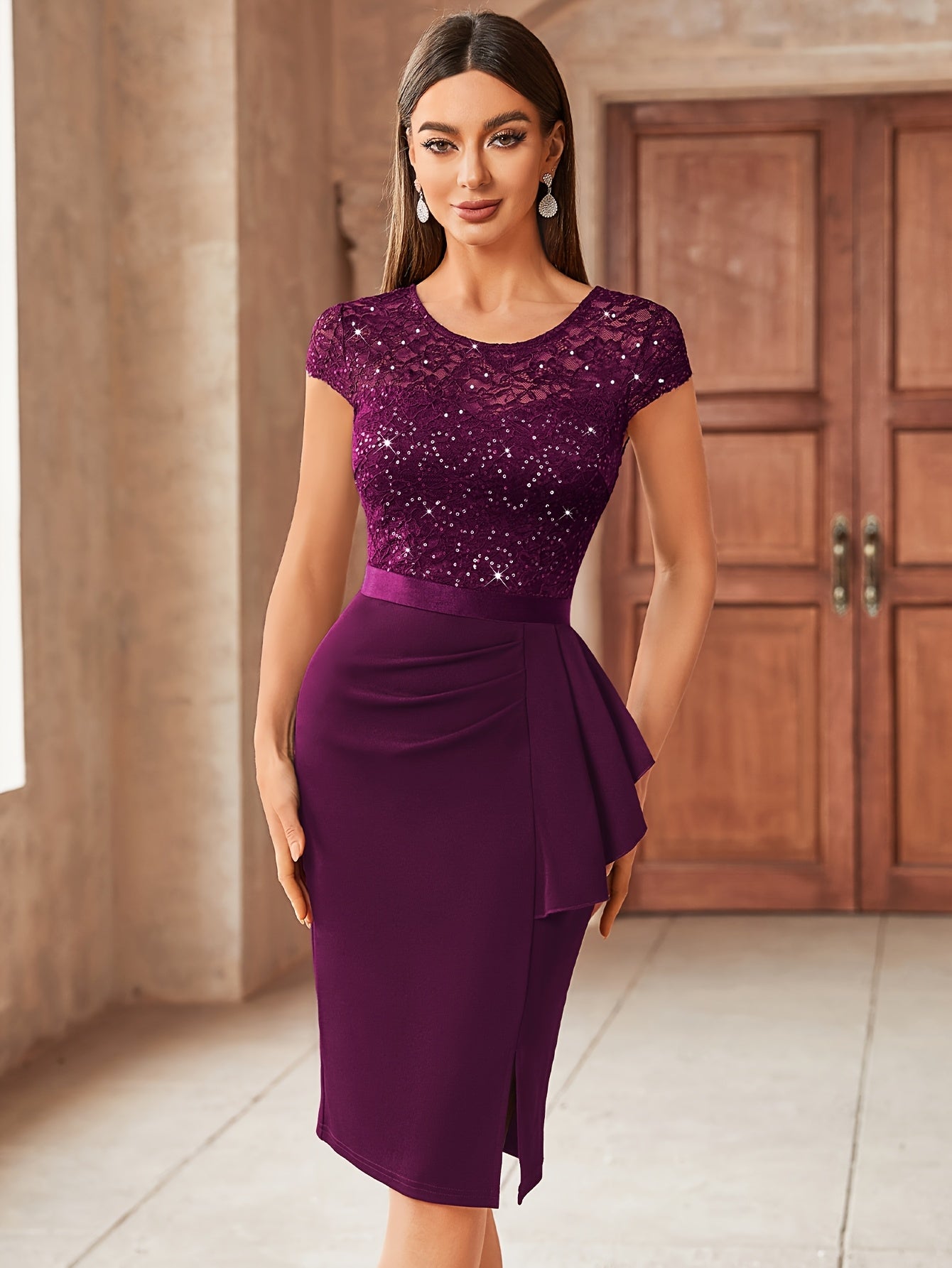 [Wedding Guest Graduation] 13169 Womens Elegant Sequin Lace Bridesmaid Midi Dress With Cap Sleeves Ruffle Hem Round Neck Side Slit For Summer Wedding Guest Graduation Formal Party Evening Event