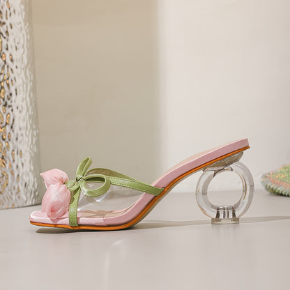 Elegant Ladies' Transparent High-heeled Sandals with Pink Floral Tulip Decoration | Slip-on, Open Toe, Strappy Back, Contoured Heel, Rubber Sole, Upper and Insole