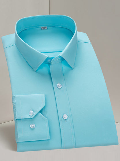 Men'S Long Sleeve Solid Color Business Dress Shirt, Elegant Collar, Stretch Fabric, Regular Fit, Single Button Front, Casual Outwear, Adult Sizes, Woven