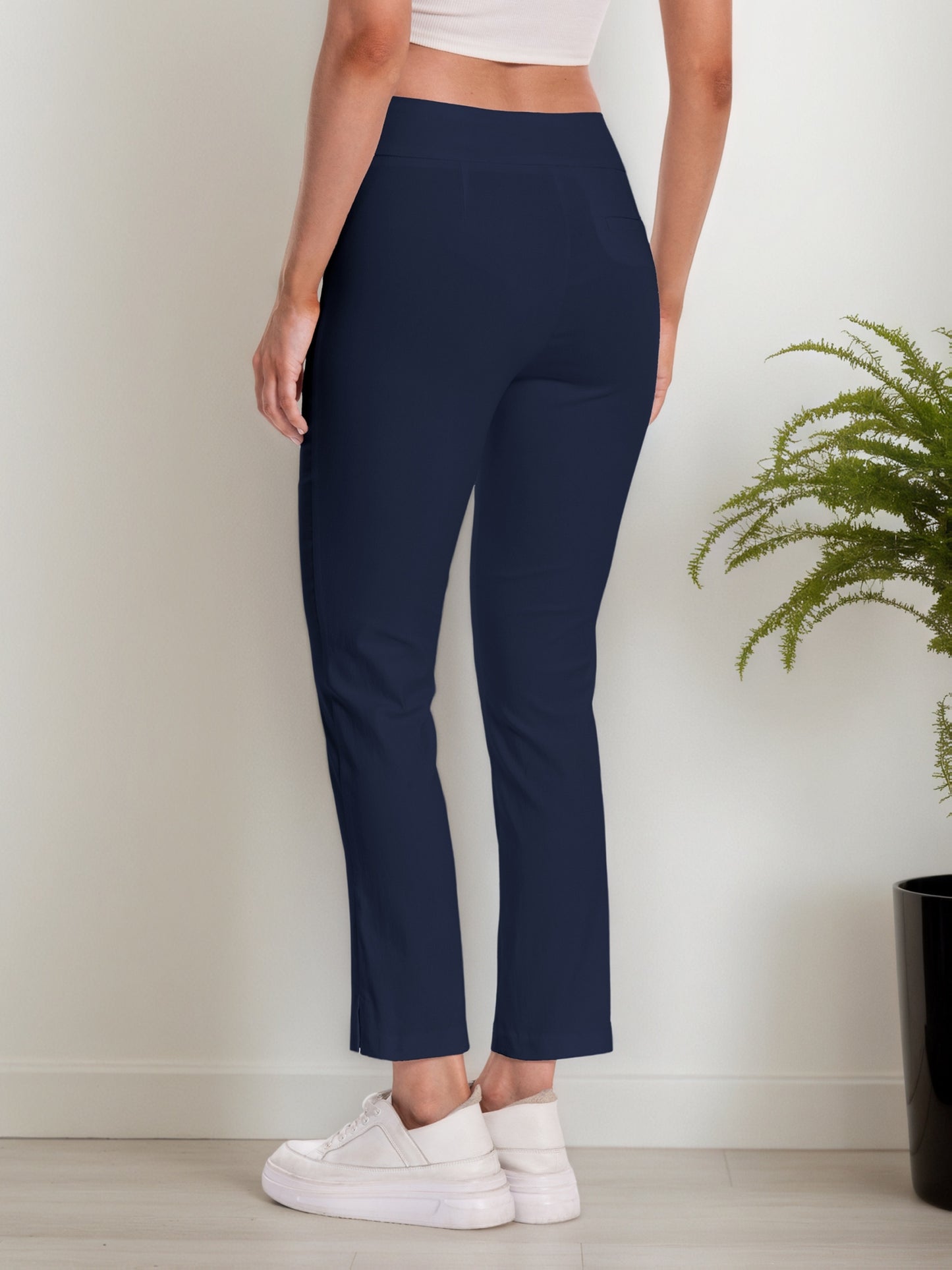 Women'S Pull-On Stretch Ankle Pants, High Waist Wide Waistband, Slim Straight Leg Fit, Side Pockets, Smooth Soft Fabric, Comfortable Work Dress Pants, Business Casual Office Career, Travel Commuter, Everyday Basics, Flattering Tailored Look