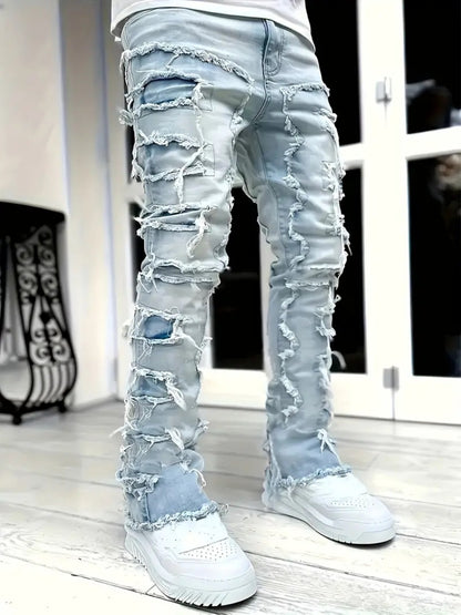 (Available In Five Colors) Teenager Ripped Jeans, Retro Street Style, High Street Patch Fabric, Popular Ripped Jeans, Fashionable Splicing, Slim Fit Jeans, Versatile Straight Jeans 1pc, Perfect for Outdoor, for Teenager