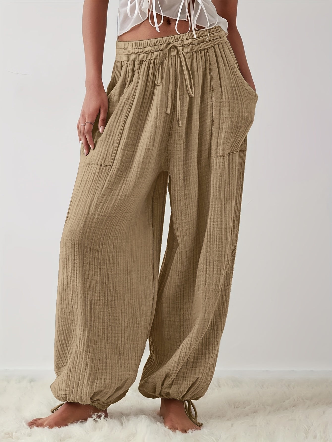 Spring And Summer Women's Casual Pants, Khaki, Pocket, Wide Leg, Tie, Loose, Daily Commuting Wide Leg Pants Womens Summer Clothes