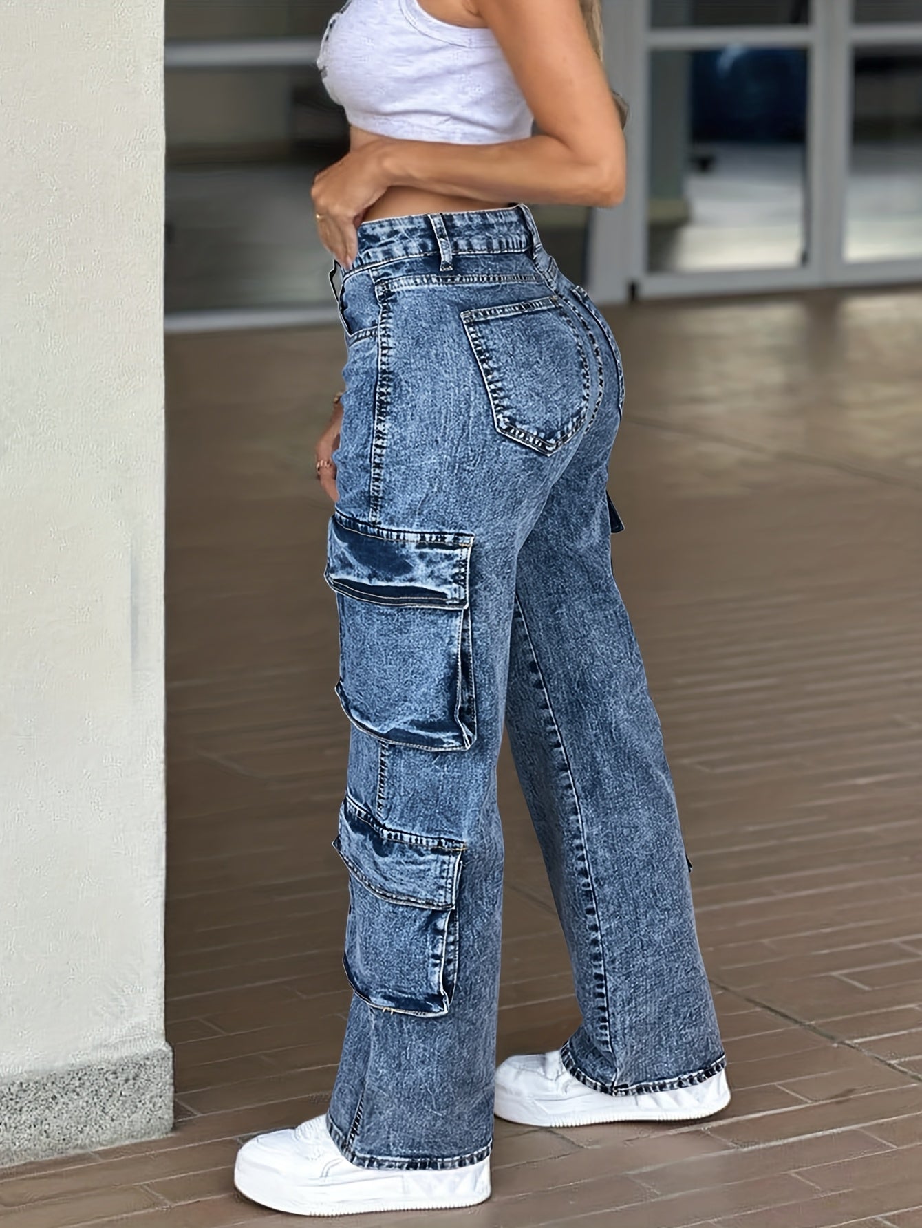 Work Pocket Straight High Waist Straight Jeans, Women's Casual Style Multi-pocket Work Jeans with Stretch And Comfort Heavy Wash Women's Jeans And Clothing