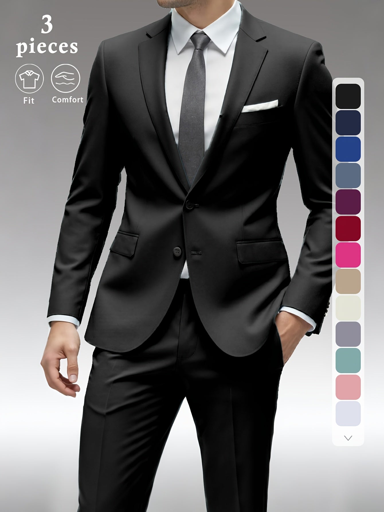 Men's Solid Color Complete 3pcs Suit Set Slim Fit Modern Tailored for Weddings Business Graduation Father's Day Gifting Express Delivery