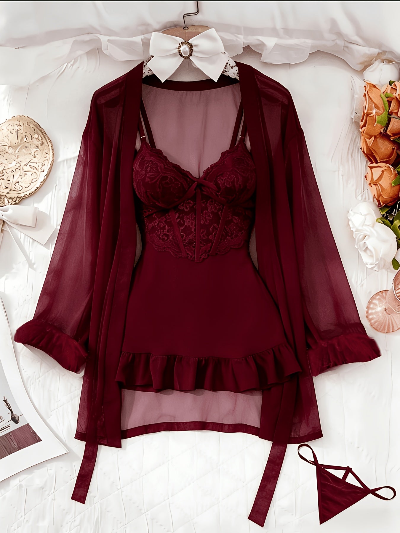 [3pcs Sheer Lace Set] Women's Lingerie 3pcs Sheer Lace Babydoll Set With Robe And Panty See Through Trim Mesh Sleepwear Sexy Nightwear