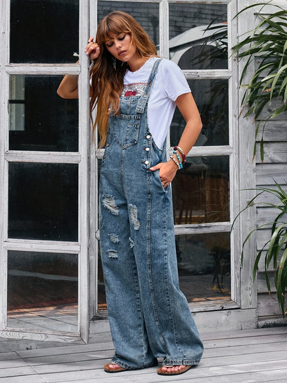 [Denim Jumpsuit] Women's Pocket Wide Leg Denim JumpsuitLadies' Casual Denim Jumpsuit, Loose And Adjustable Strap Pants, Denim Jumpsuit, Vest, Denim Jumpsuit, Skirt Strap Pocket