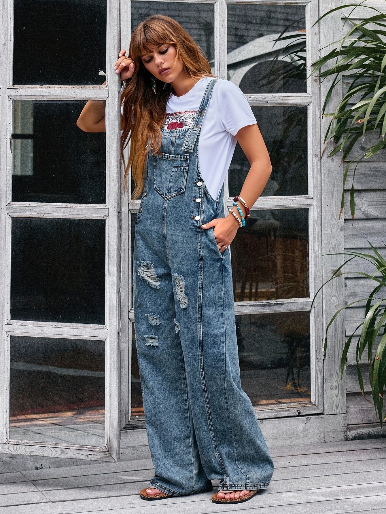 [Denim Jumpsuit] Women's Pocket Wide Leg Denim JumpsuitLadies' Casual Denim Jumpsuit, Loose And Adjustable Strap Pants, Denim Jumpsuit, Vest, Denim Jumpsuit, Skirt Strap Pocket