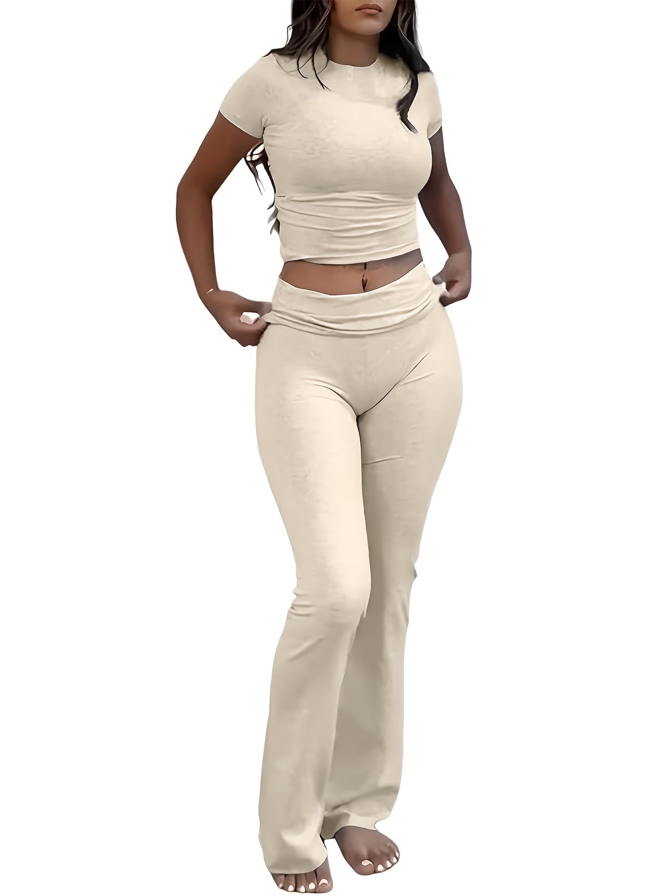 Casual Solid Color Slim Two-piece Pants Set, Short Sleeve Crew Neck T-shirt & Skinny Flared Leg Pants Outfits, Women'S Clothing