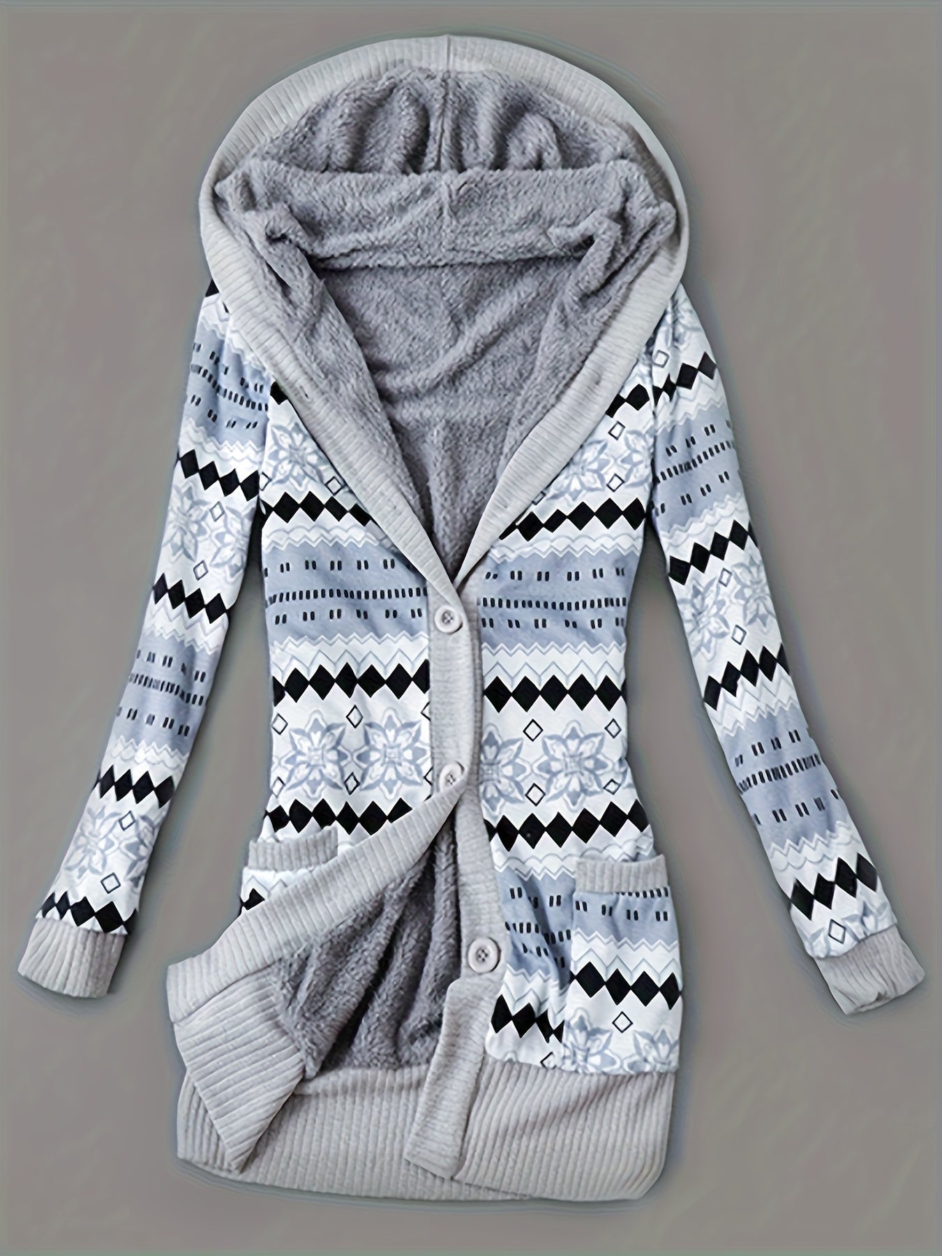 Women'S Fall Winter Casual Hooded Jacket, Warm Fleece Lined Long Sleeve Coat with Geometric Pattern And Colorblock Design
