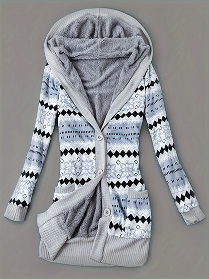 Women'S Fall Winter Casual Hooded Jacket, Warm Fleece Lined Long Sleeve Coat with Geometric Pattern And Colorblock Design