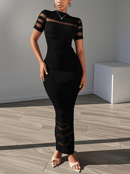 Women's Fashionable and Elegant Style Sheer Mesh Patchwork Slim-Fit Bodycon Long Dress - Short Sleeve High Neck Formal Evening Gown, Sexy Party Dress, Suitable for Nightclub Gatherings, for Spring, Summer, and Autumn