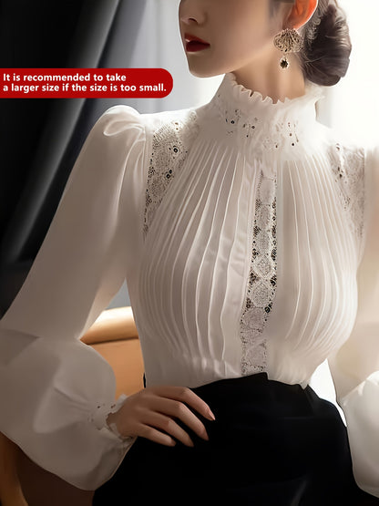 Fashion Women'S Shirt T-shirt Advanced Sense Of Luxury Elegant Fashion White Hollow Puff Sleeves Ruffled Turtleneck Shirt Top Female Design Sense.