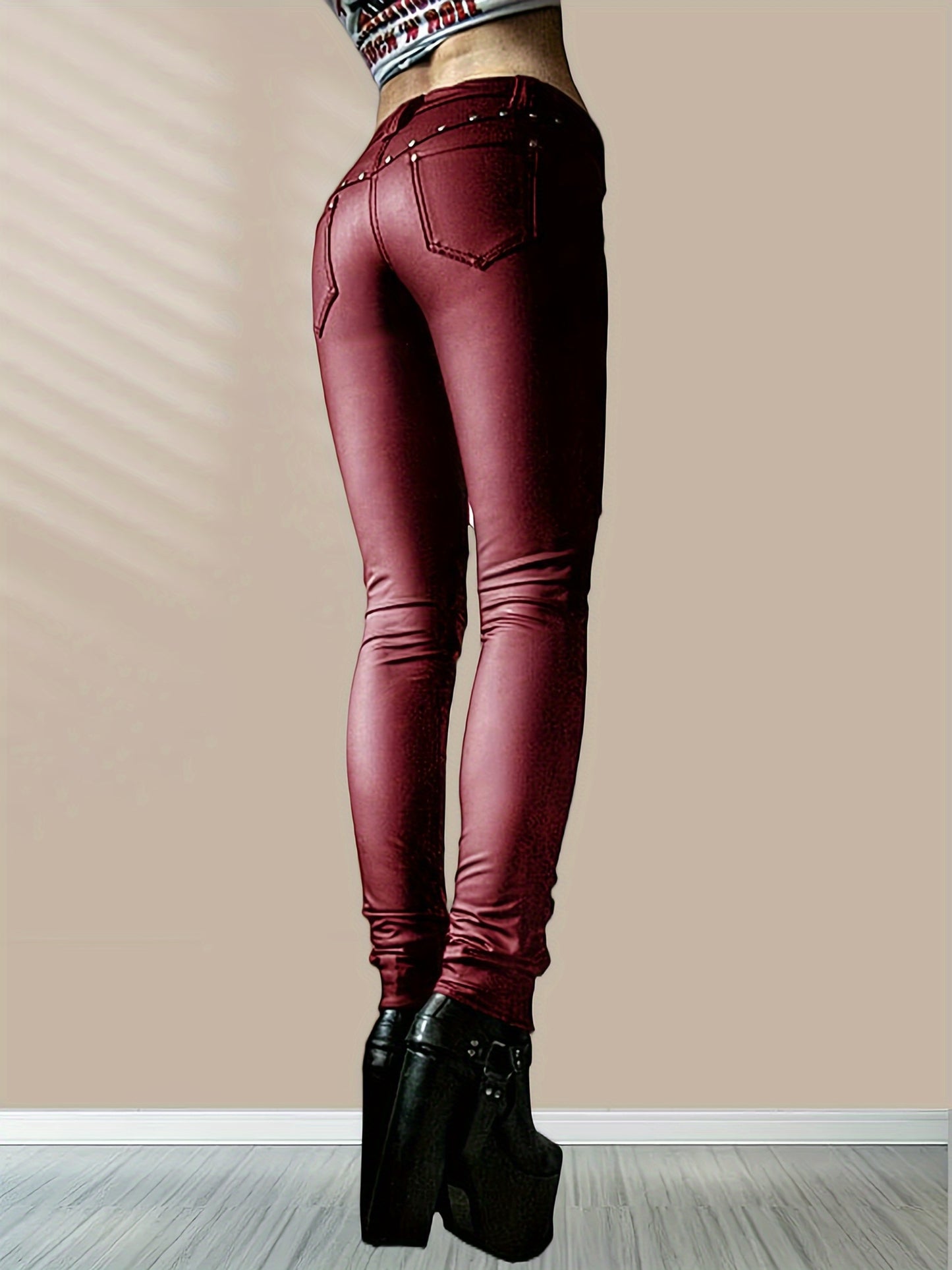 Women'S Leggings Gothic Punk Skinny Pants Mid Rise Novelty Studded Tight Pants