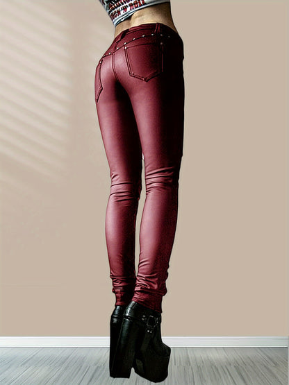 Women'S Leggings Gothic Punk Skinny Pants Mid Rise Novelty Studded Tight Pants