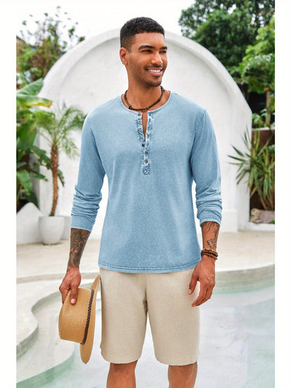 Men'S Distressed Henley Shirts with Front Placket, Retro Long Sleeve T-Shirts, Casual Button- Washed T-Shirts for Men