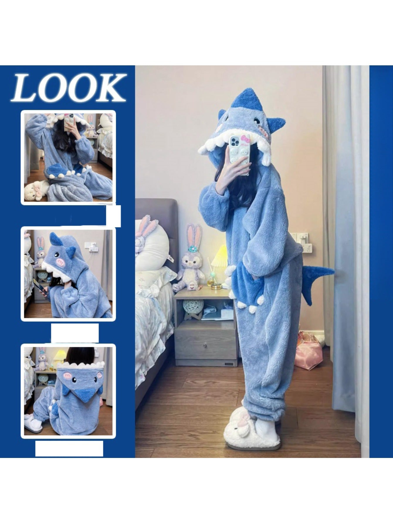[Hooded Coral Fleece] Winter Jumpsuit Sleepwear, Cute And Sweet Shark Nightgown, Hooded Coral Fleece Thickened And Plush Cartoon Home Outfit