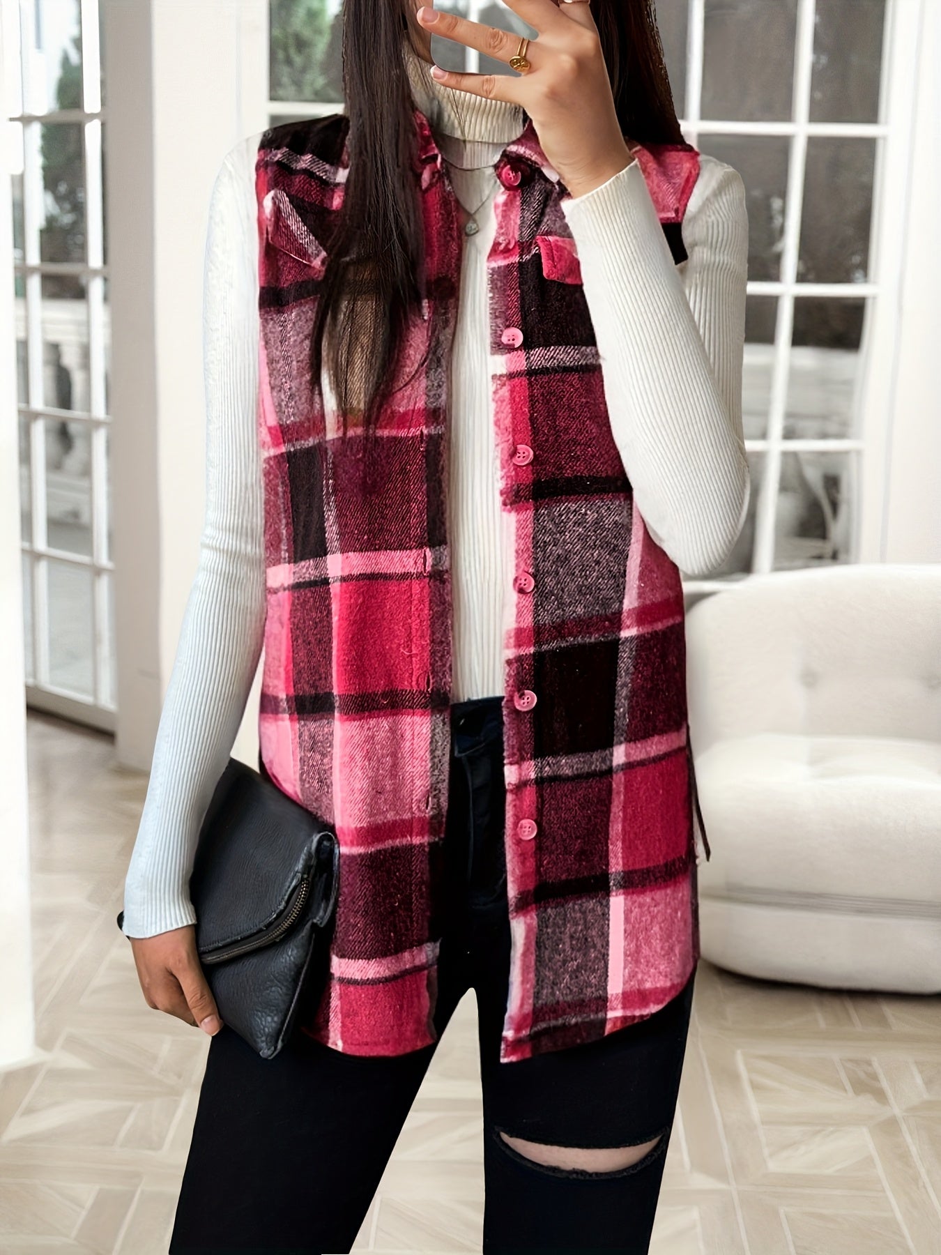 Fashionable Women'S Lapel Vest Jacket in Plaid for Spring, Autumn, And Winter