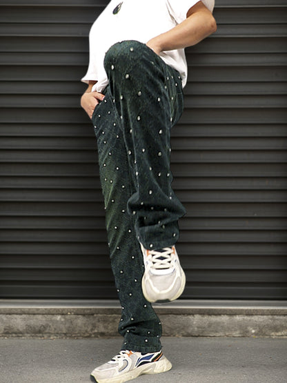 Y2K Men's Shiny Rhinestone Embellished Stretch Slim-Fit Jeans, Casual Street Style Hip-Hop Skateboarding Rap Pants, Machine Washable - All-Season Wear