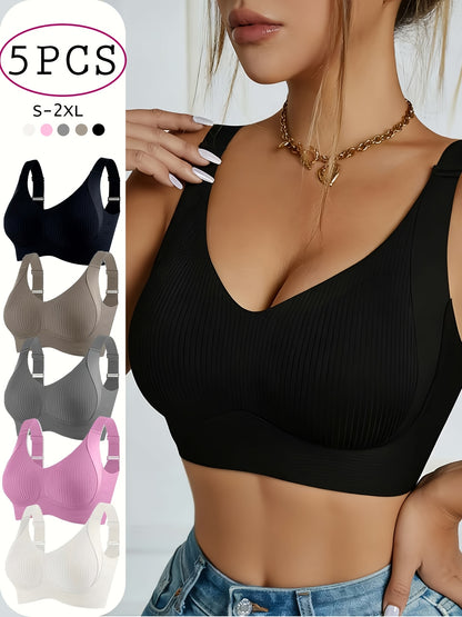 5pcs Ribbed Wireless Bra - High Elastic, Breathable & Strong Support | Comfortable No-Squeeze for Daily Wear, Yoga & Gym Workouts