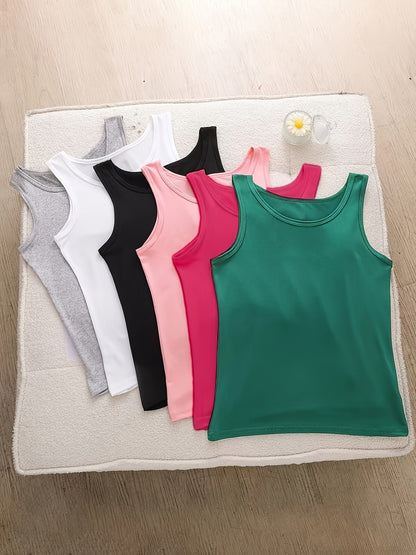A Set of Six Women'S Soft Adhesive Vests in Various Colors Including Black, White, Gray, Pink, Rose Red, And Green. These Sleeveless Shirts Are Elastic, Breathable, And Comfortable for All Seasons, Making Them Ideal for Home And Casual Outings