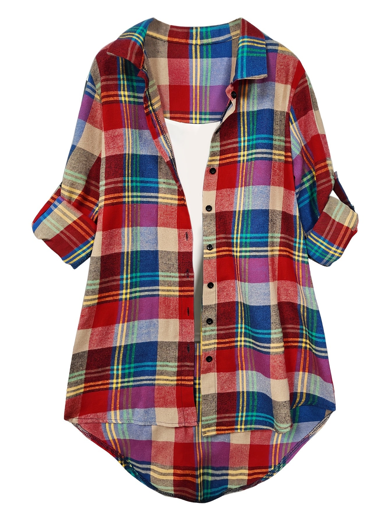 Plus Size, Large Size Spring Summer Women's Fashion New Daily Casual Plaid Long Sleeve Button Ladies Shirt