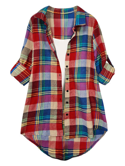 Plus Size, Large Size Spring Summer Women's Fashion New Daily Casual Plaid Long Sleeve Button Ladies Shirt