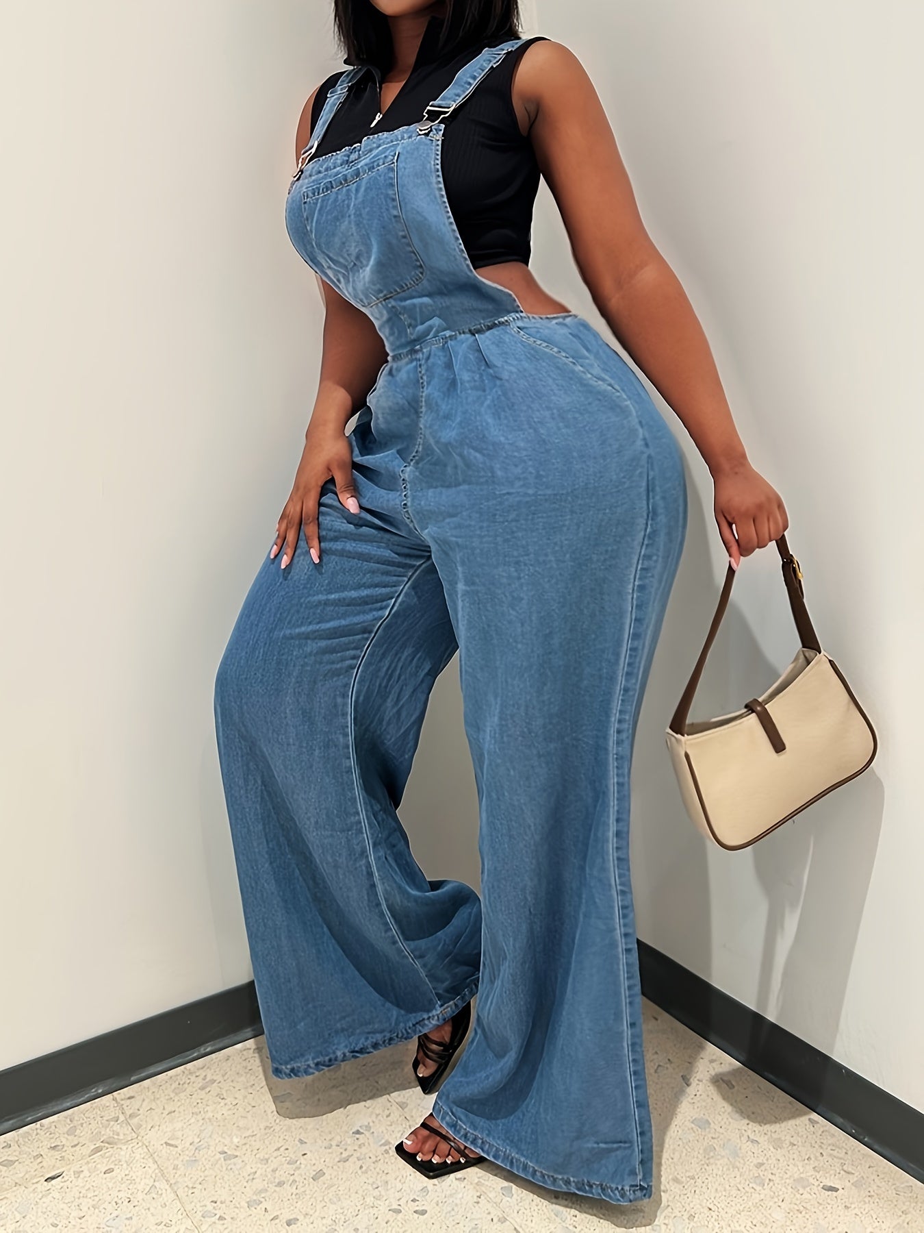 Women's Denim Overalls - Loose-Fit Sleeveless Casual Style With Side Pockets, Wide-Leg Jumpsuit Dungarees