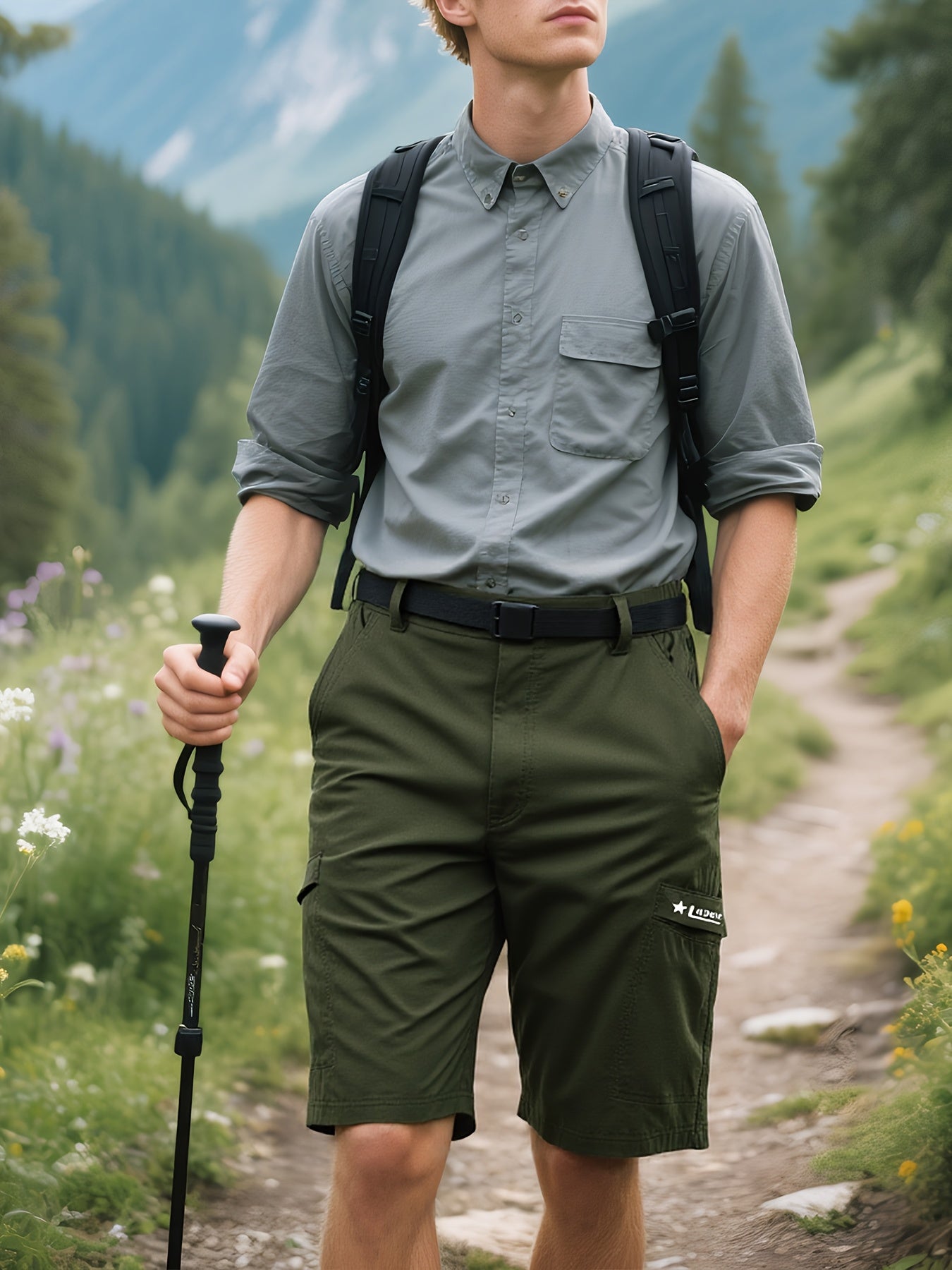 Men's Green+Blue+Khaki Cargo Shorts - product view 32